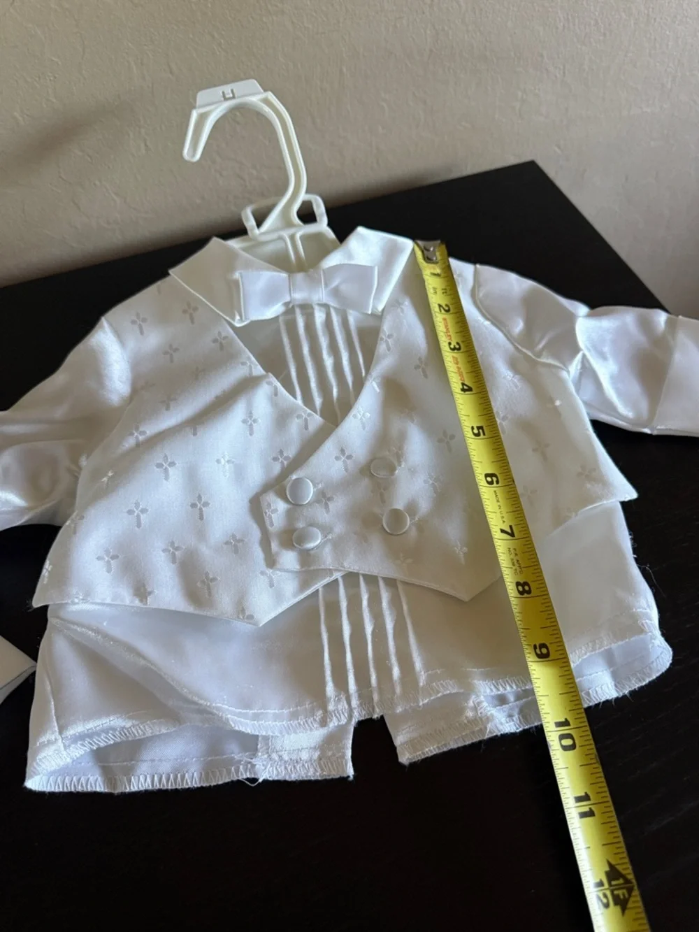 Vtg Baby Boy Christening Baptism Tuxedo Set White Satin Cross Embroidery  6-9M